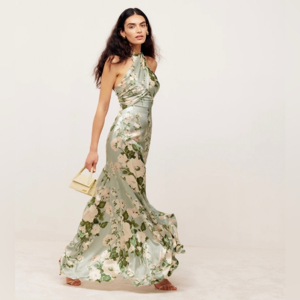 Reformation Veria Floral Green Halter Maxi Dress Tarragon